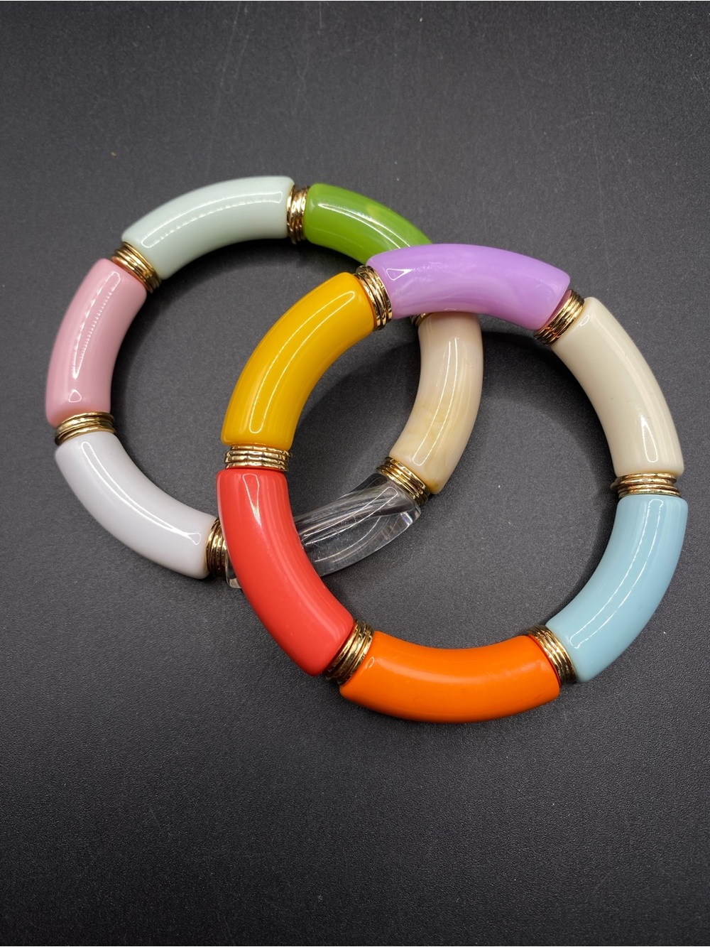 Bracelet Pair Acrylic Colorblock Gold Accent Stretchy Multicolored